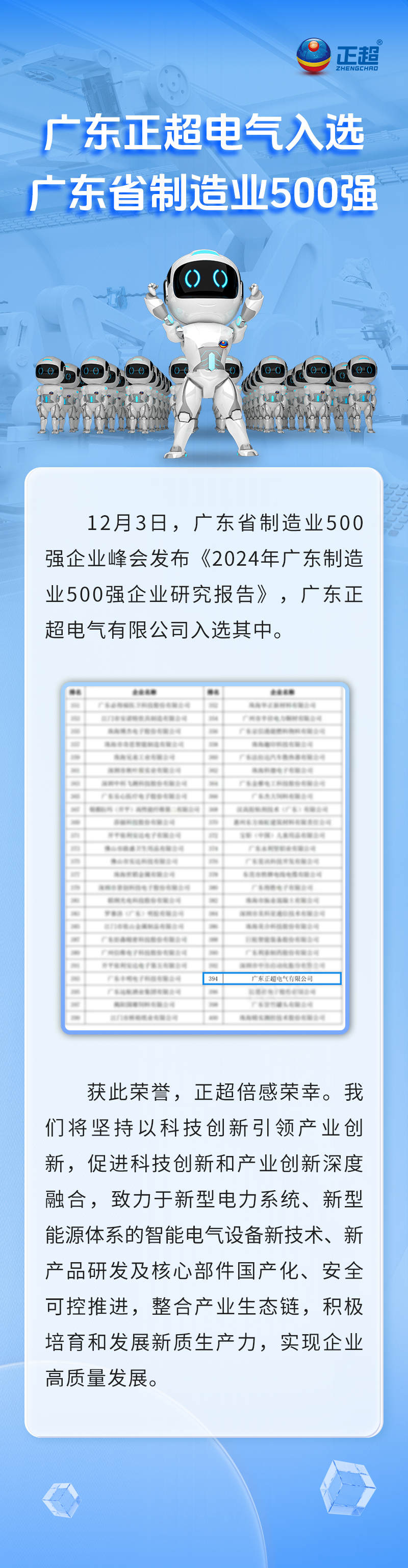 廣東正超電氣入選廣東省制造業500強